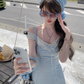 V-neck waist plaid suspender dress summer French temperament skirt R4951