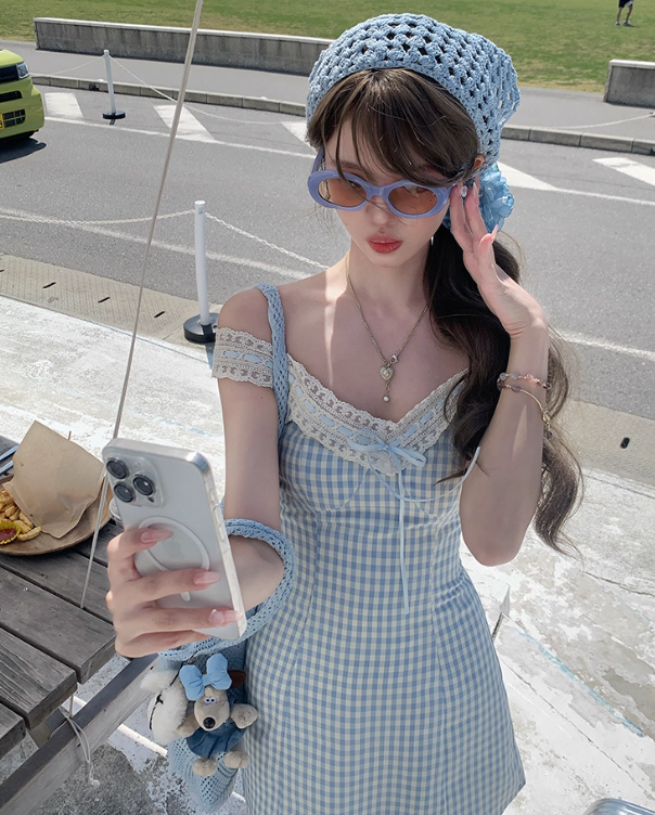 V-neck waist plaid suspender dress summer French temperament skirt R4951