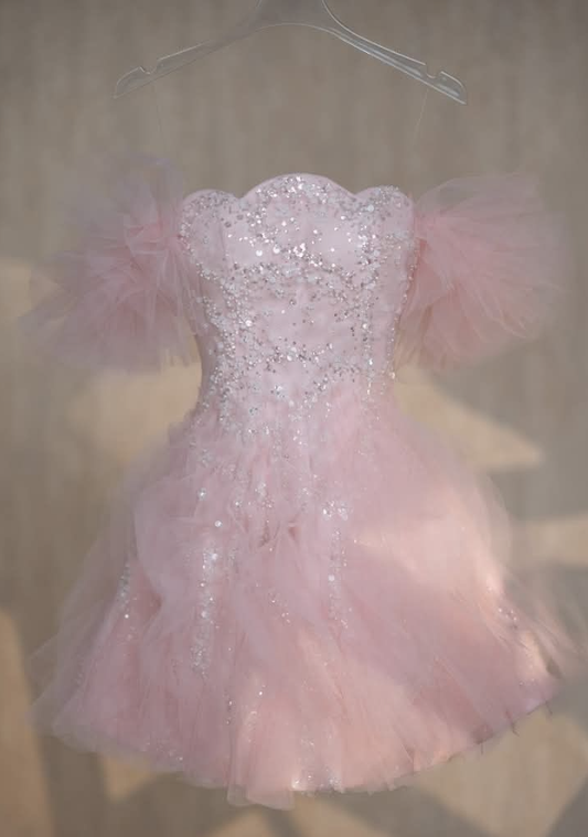 Pink suspender sequined slim fit princess tutu skirt homecoming dress R2550