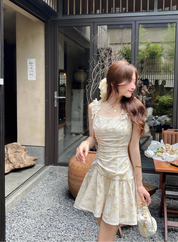 French romantic yellow floral dress for women summer beautiful suspender skirt R3825
