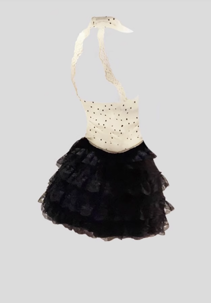 2025 Pure Lace Skirt Set with Polka Dot Swing Neck and Halter Backless Top R1129