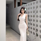 French high-end green v-neck lace halter dress temperament celebrity waist slim hip dress R0453