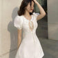 White puff sleeves hollow waist slim A-line mini skirt homecoming dress R3918