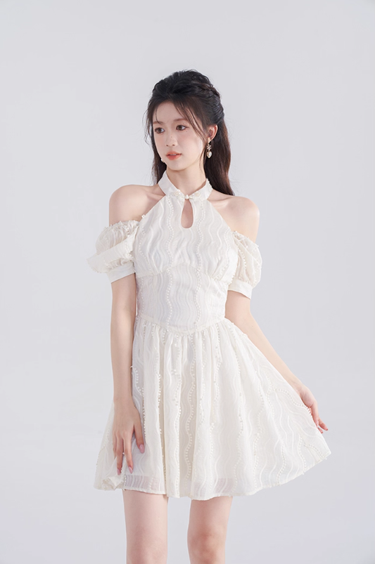 French dress new summer style beautiful temperament waist slimming white short skirt R4503