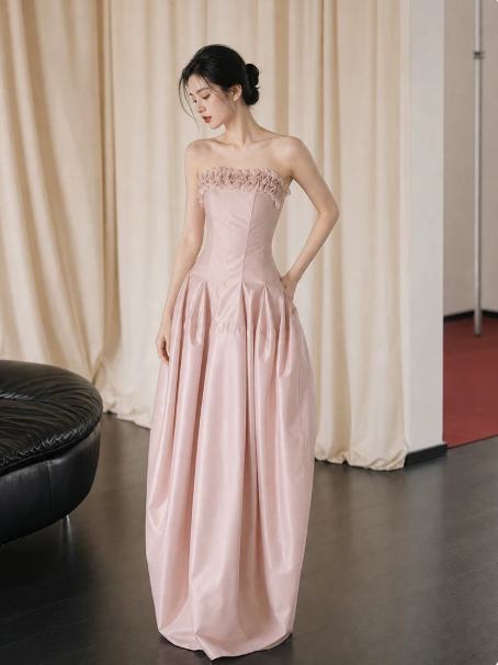 Gentle Satin Silky Prom Gown Pink Women's Maxi Evening Dress Birthday Dress RS2784