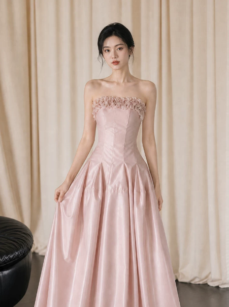 Gentle Satin Silky Prom Gown Pink Women's Maxi Evening Dress Birthday Dress RS2784