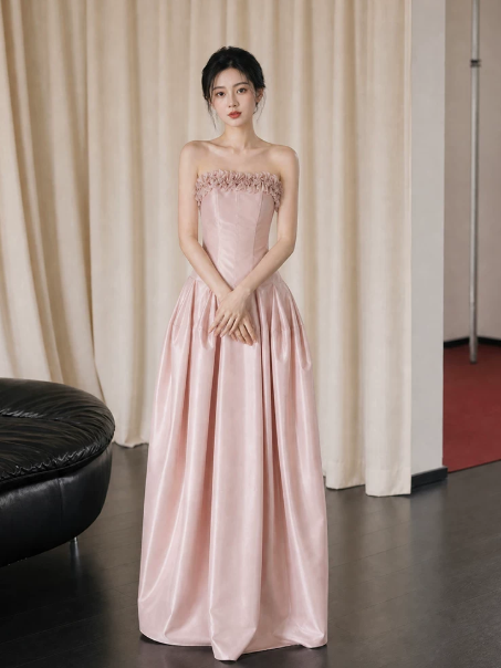 Gentle Satin Silky Prom Gown Pink Women's Maxi Evening Dress Birthday Dress RS2784