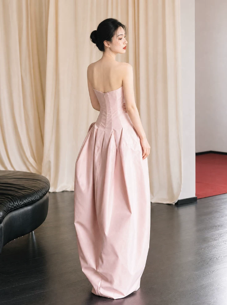 Gentle Satin Silky Prom Gown Pink Women's Maxi Evening Dress Birthday Dress RS2784