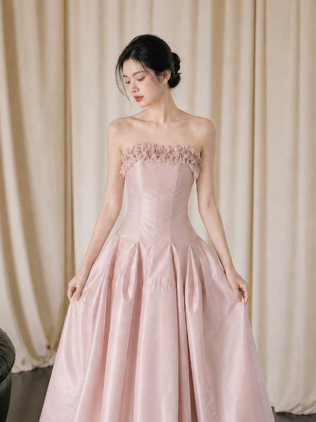 Gentle Satin Silky Prom Gown Pink Women's Maxi Evening Dress Birthday Dress RS2784