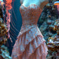 Pink suspender sequined waist slim A-line skirt, prom dress R5322