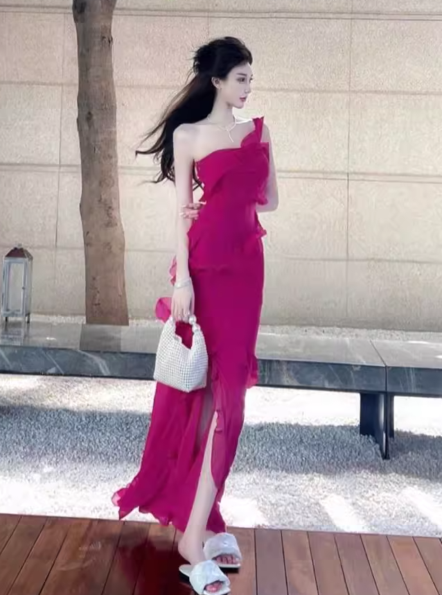 French suspender dress rose red white ruffled slit drape elegant long skirt R1611