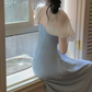 Blue halter neck square neck puff sleeve dress        S5799