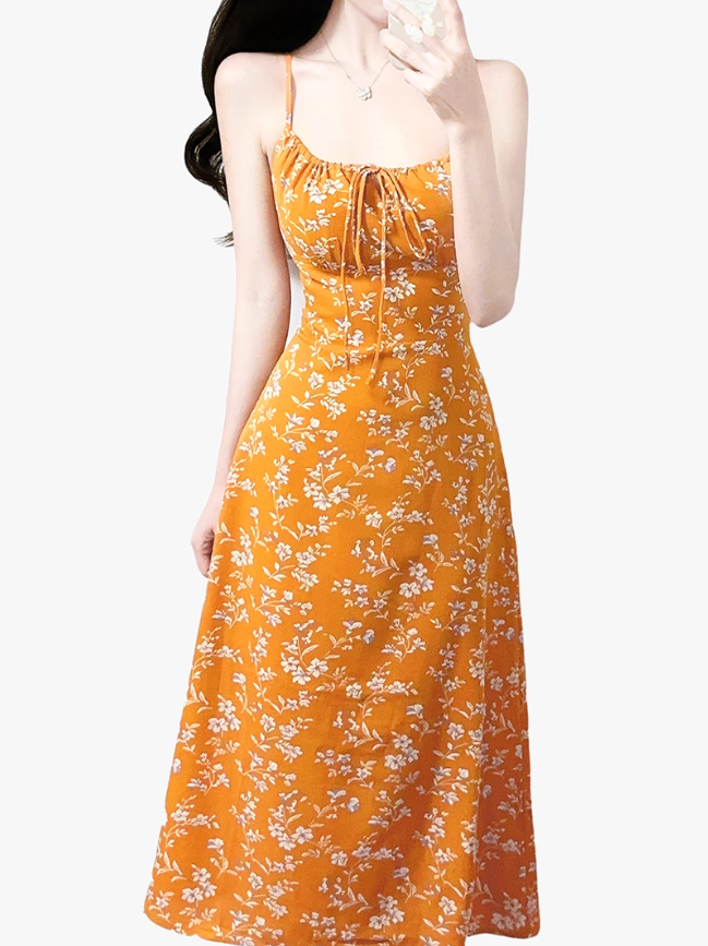 2025 Summer New Yellow Floral Sexy V-neck Mid-length Holiday Suspender Dress R0964