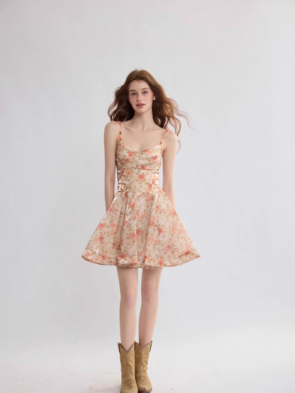 French suspender skirt floral dress high-end wear short skirt summer skirt R2767