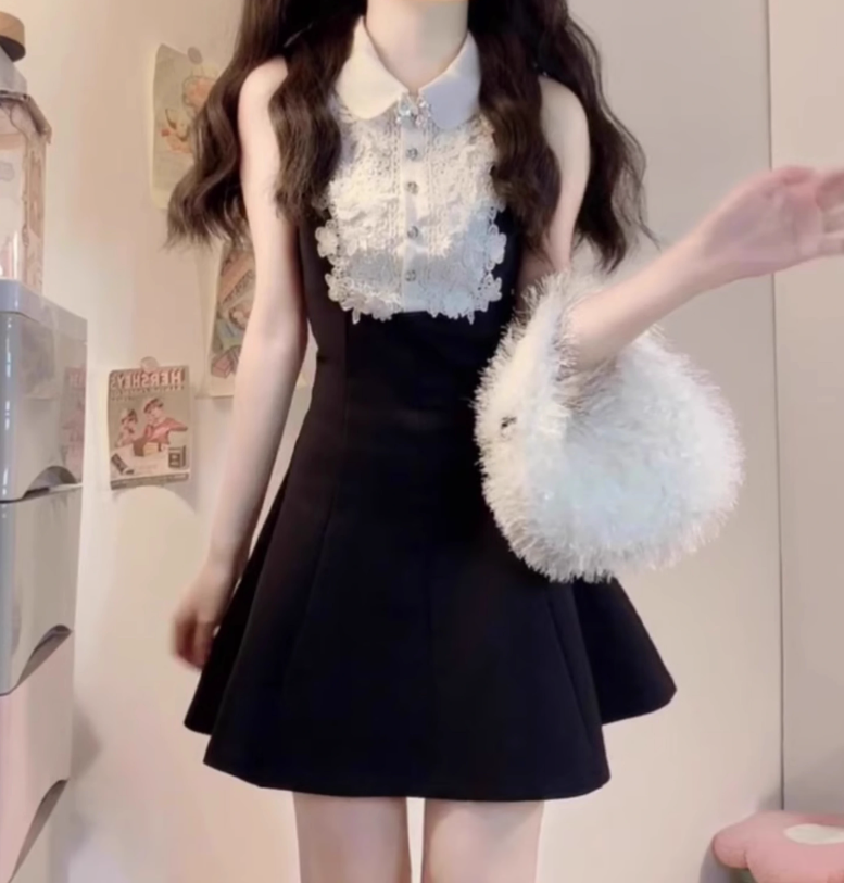 High-grade black sleeveless vest dress with lace waist and a-line tutu skirt R0755