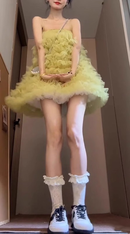 Yellow mesh suspender dress 2025 new gentle sweet style a-line short skirt R0807
