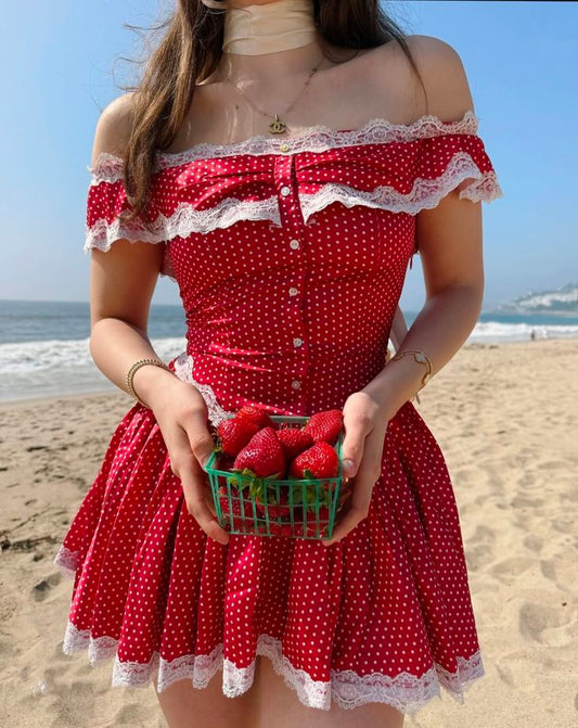 Red polka dot one-shoulder waist A-line short skirt homecoming dress R2793