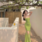 Green suspender dress, elegant waist, slim fit, hip skirt R0535