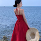 Photo-taking temperament romantic red rose lace-up large waist slimming suspender dress R0188