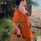 Gentle Temperament Square Neck Puff Sleeve Dress Backless Slit Long Dress R0599