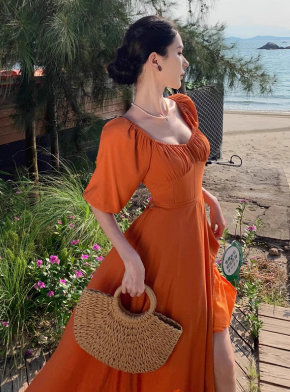 Gentle Temperament Square Neck Puff Sleeve Dress Backless Slit Long Dress R0599