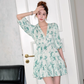 French green V-neck floral ruffles cool and slim commuter short dress summer R4074