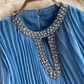 New French retro diamond round neck loose long trumpet sleeve pleated dress R0311