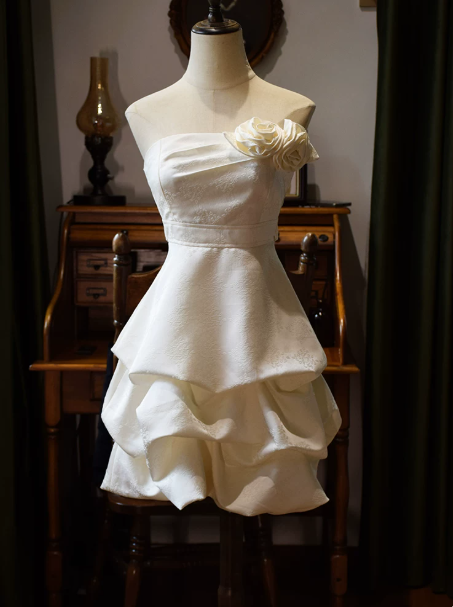 Cute Ivory Ruffled A-line Strapless Applique Corset Mini Prom Dress Homecoming Dress RS471