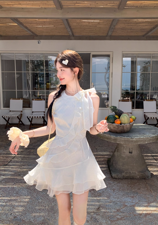 White waist bright silk chiffon halter neck suspender skirt women's summer French skirt R4619