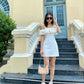 White one-shoulder ruffled waist slim A-line short skirt homecoming dress R3880