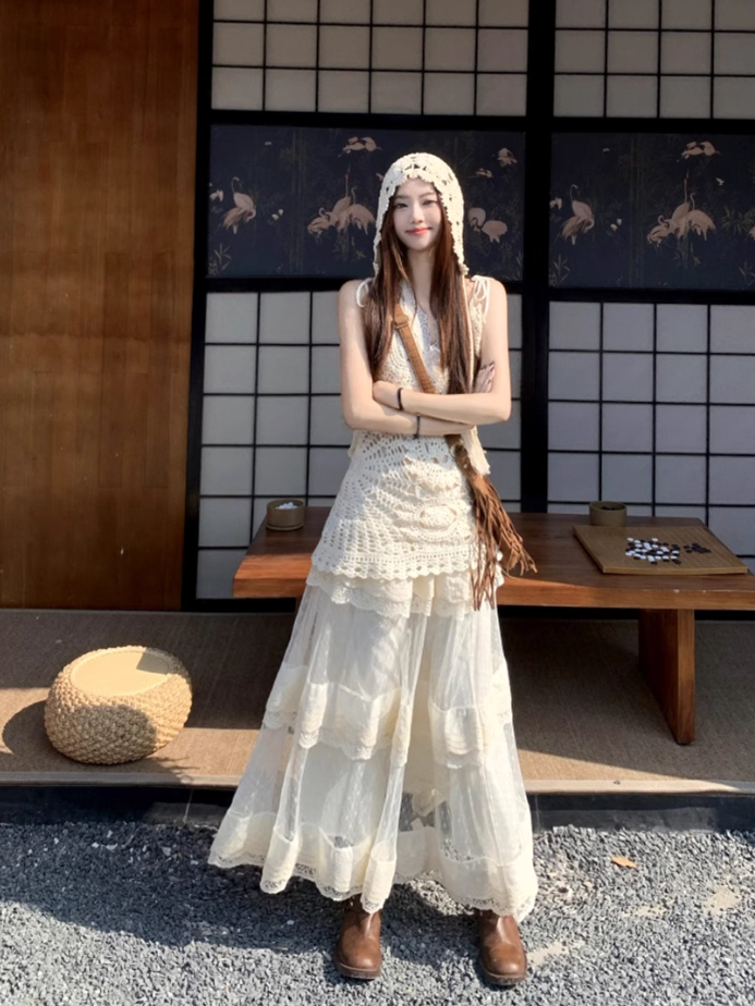 Fairy temperament wear a complete set of lace suspenders knitted vest skirt layered wear R1734