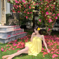 Holiday style beautiful yellow suspender top a-line skirt two-piece suit R0882