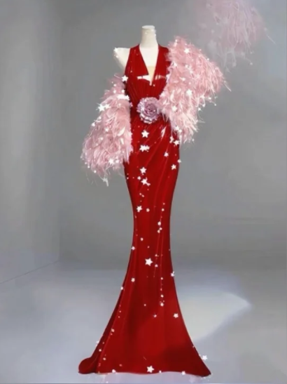 Red halter-neck, fitted waist, bodycon fishtail long ball gown R6480