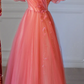 Orange-Red Off-the-Shoulder Fitted-Waist Slim-Fit A-Line Long Prom Dress / Bridal Gown R5919