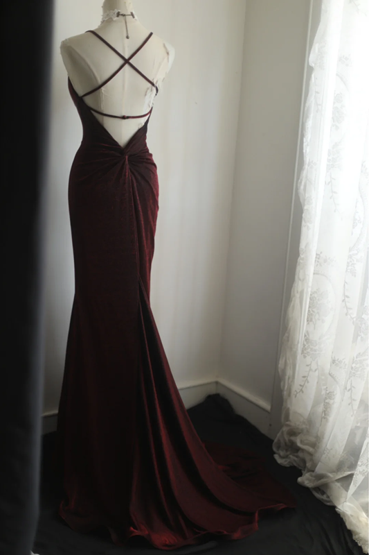 Deep red halter-neck backless fitted waist sexy bodycon long ball gown R6759