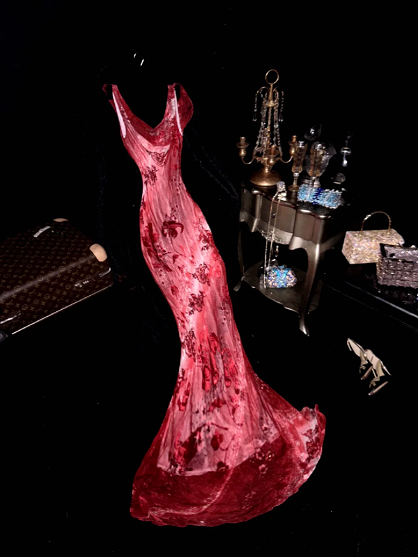 Red floral print halter-neck fitted long ball gown, elegant style R6878