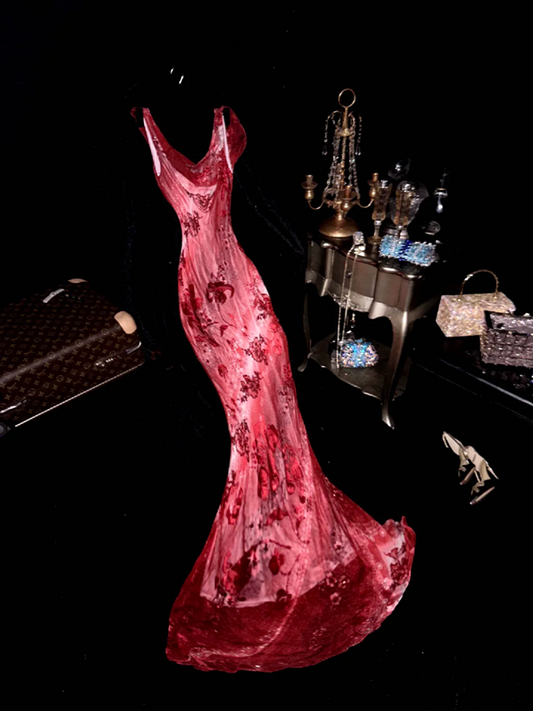 Red floral print halter-neck fitted long ball gown, elegant style R6878