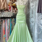 Light green strapless, fitted waist, pleated bodycon fishtail skirt long ball gown R7519