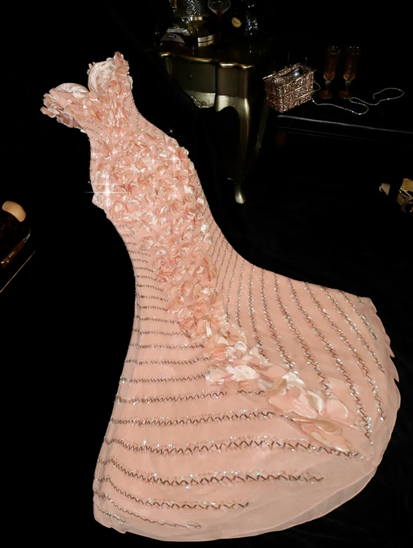 Pink strapless floral fitted mermaid long ball gown R6999