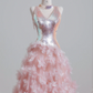 Light pink V-neck bodice with sequined tulle floral skirt, a ball gown or wedding dress R8224