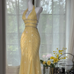 Light yellow halter-neck sequined fitted waist bodycon long ball gown R7635