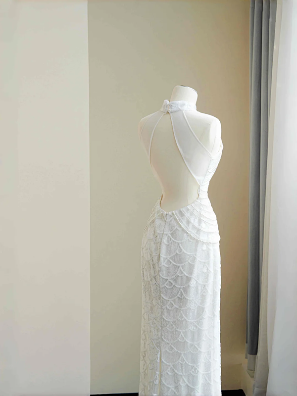 White sleeveless beaded waist slim sexy skirt, prom dress R5685