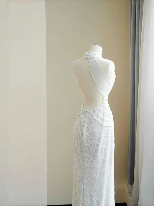 White sleeveless beaded waist slim sexy skirt, prom dress R5685
