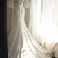 White lace bell-sleeved fitted long ball gown R6799