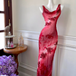 Red floral print halter-neck fitted long ball gown, elegant style R6878