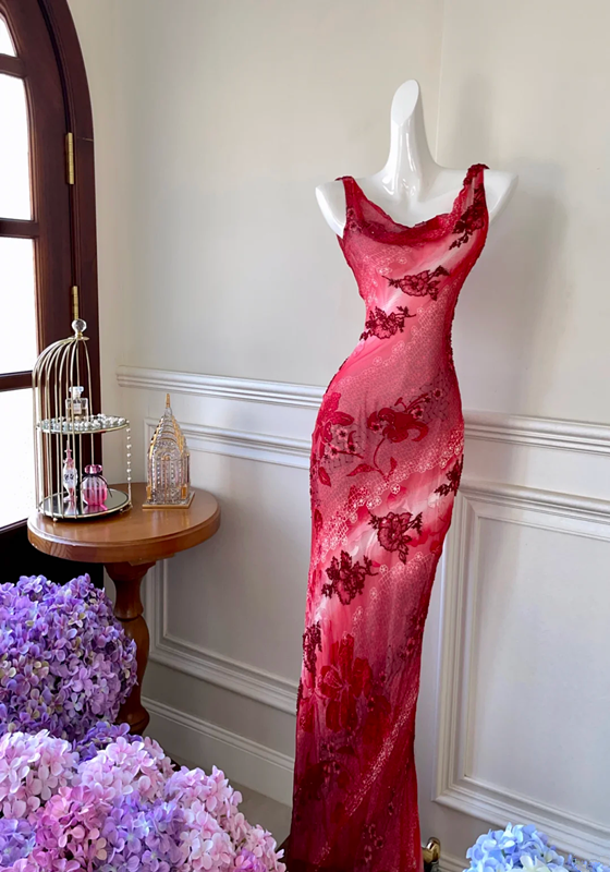 Red floral print halter-neck fitted long ball gown, elegant style R6878