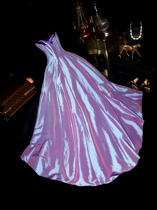 Purple rhinestone strapless fitted long ball gown R6919