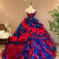 Red and Blue Color-Block Strapless Waist-Cinched Puffball Skirt Floor-Length Ball Gown, Bridal Gown R7365
