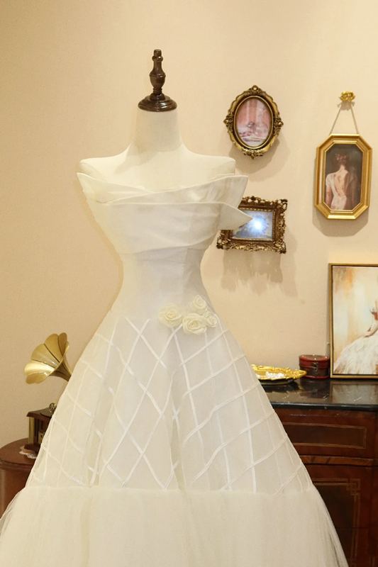 White strapless, fitted A-line long ball gown R7192