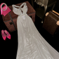 White halter-neck, fitted waist, pleated, sexy long ball gown R7038